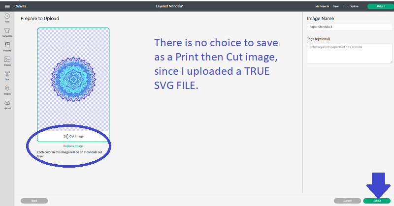 uploading mandala SVG to Cricut Design Space
