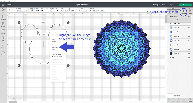 duplicate layered 3D mandala in Cricut Design Space